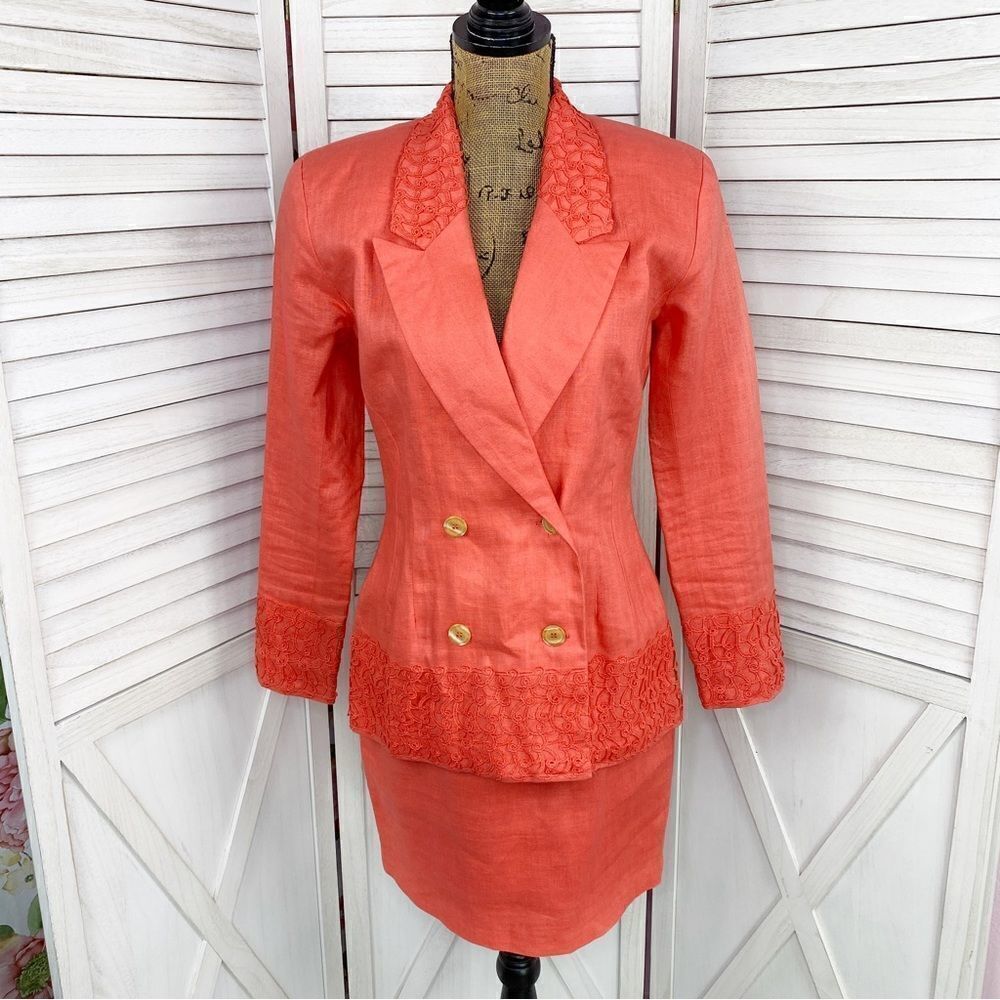 Vintage 90s Linen Skirt Suit Forwear New‎ York Lace Trim Coral Orange 6